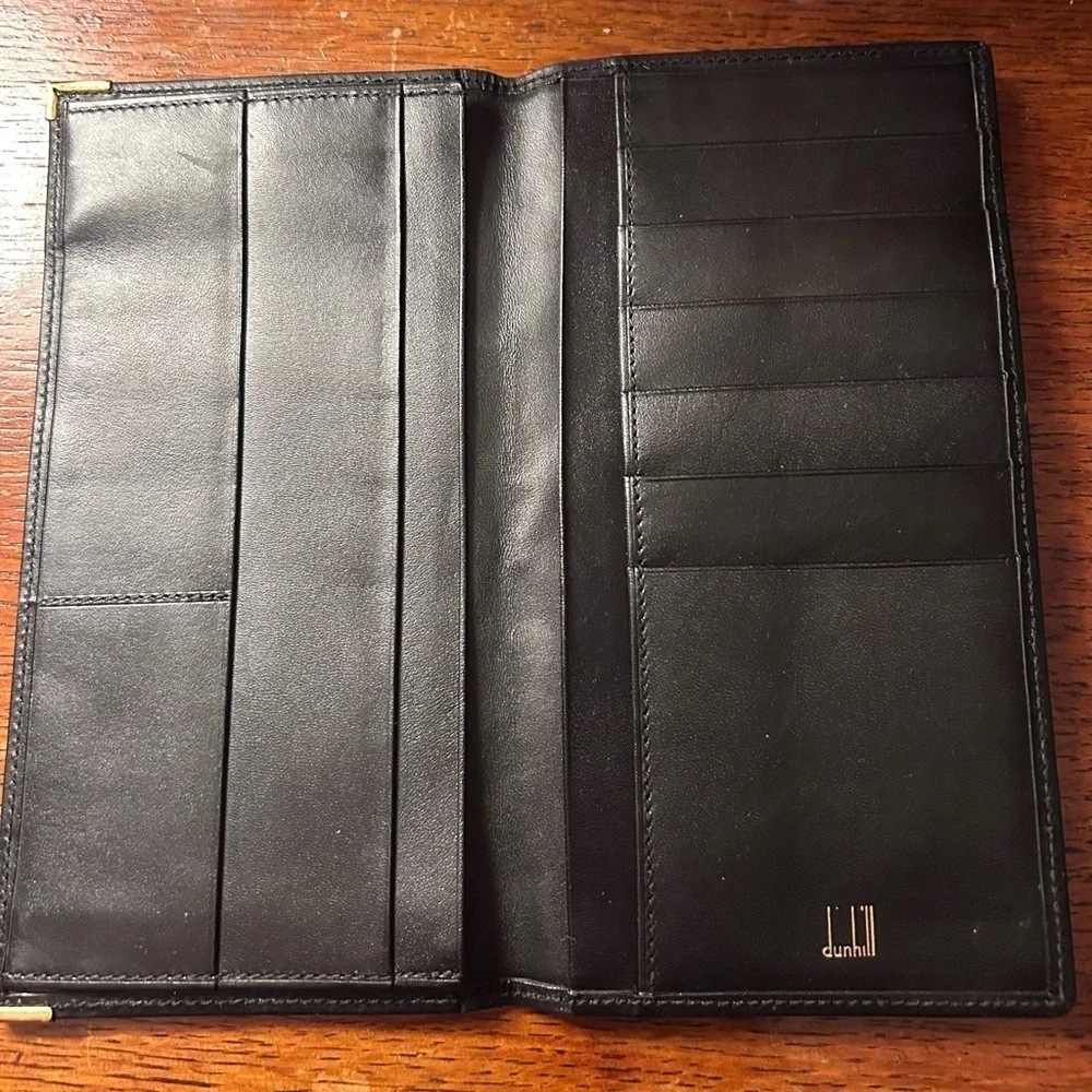 Dunhill Black Leather Wallet | Gold Logo & Corner Accent | Vintage Luxury